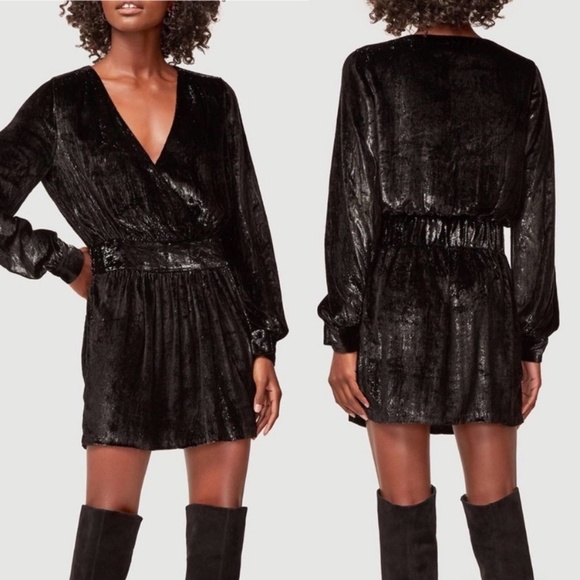 NWT Frame Velvet Dress 2 Mini Wrap Long Sleeve Black Sparkle Whimsigoth Mobwife - Picture 1 of 11